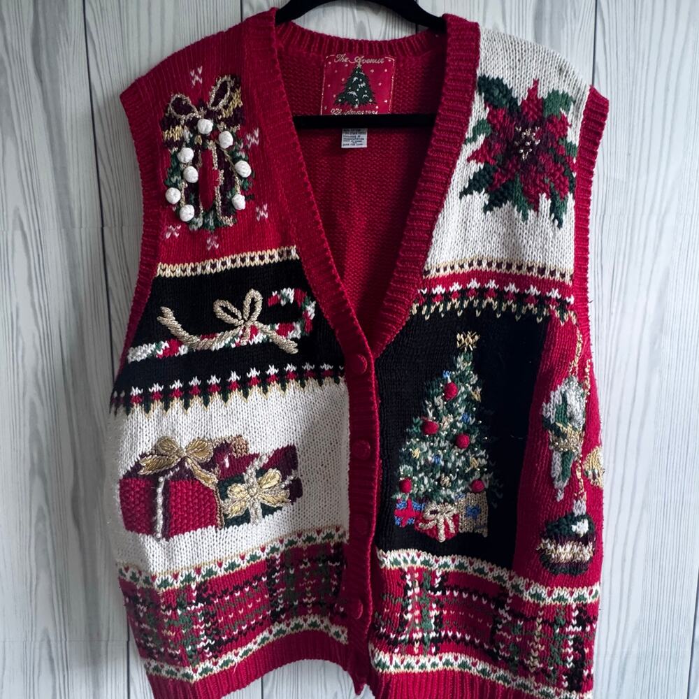 Vtg 90s The Avenue Sweater Vest Red Holiday Christmas Tree   Grannycore 3X